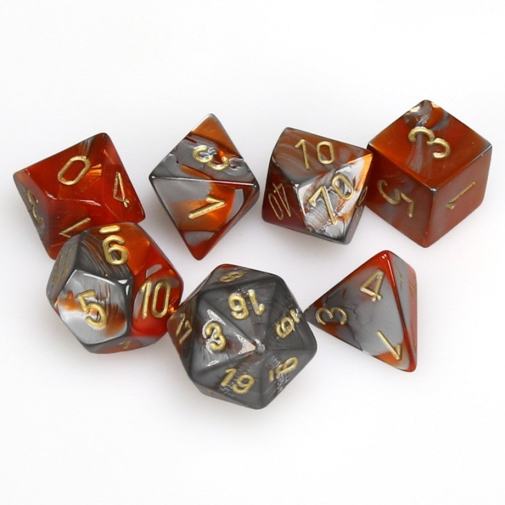 Chessex Gemini Orange Steel with Gold Poly 7 Set | Dragon's Lair Comics and Fantasy Houston TX