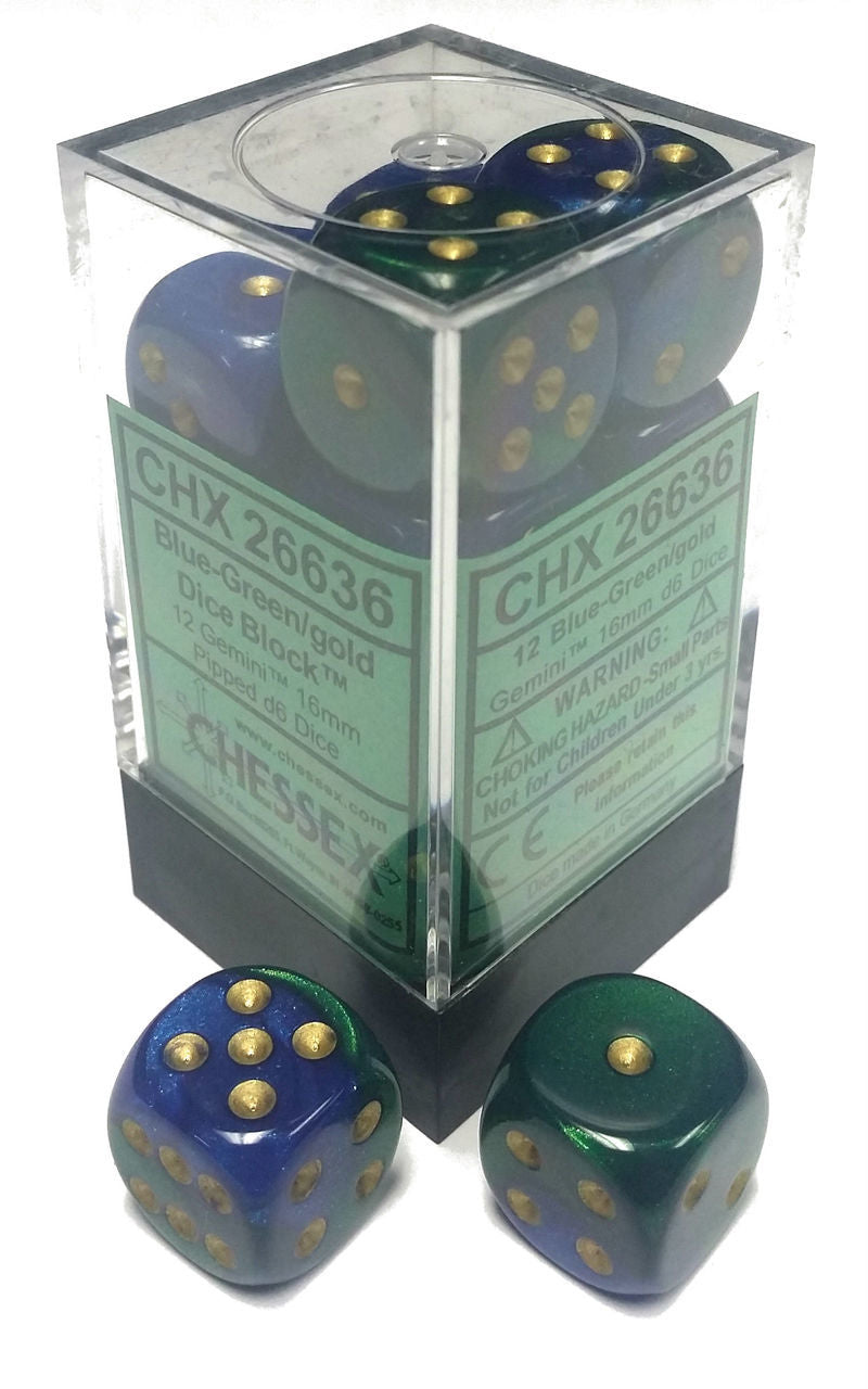 Chessex Gemini Blue and Green with Gold 16mm D6 Set | Dragon's Lair Comics and Fantasy Houston TX