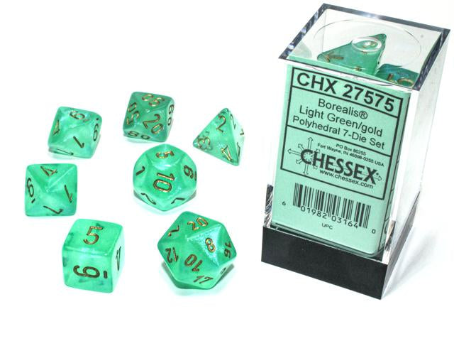 Chessex Borealis Light Green with Gold Luminary Glow in the Dark Poly 7 Set | Dragon's Lair Comics and Fantasy Houston TX