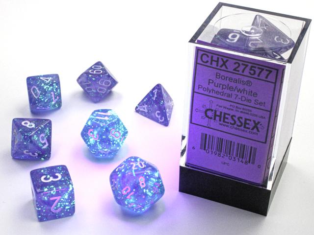 Chessex Borealis  Purple with White Luminary Glow in the Dark Poly 7 Set | Dragon's Lair Comics and Fantasy Houston TX