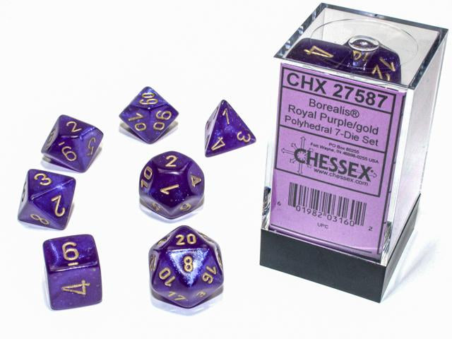 Chessex Borealis Royal Purple with Gold Luminary Glow in the Dark Poly 7 Set | Dragon's Lair Comics and Fantasy Houston TX