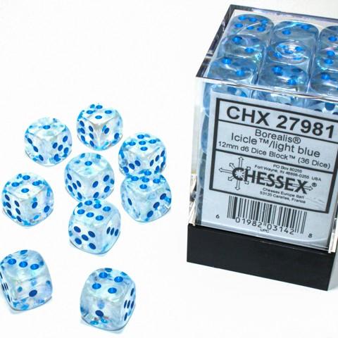 Chessex Borealis Glow in the Dark Icicle with Light Blue 12mm D6 Dice Set | Dragon's Lair Comics and Fantasy Houston TX