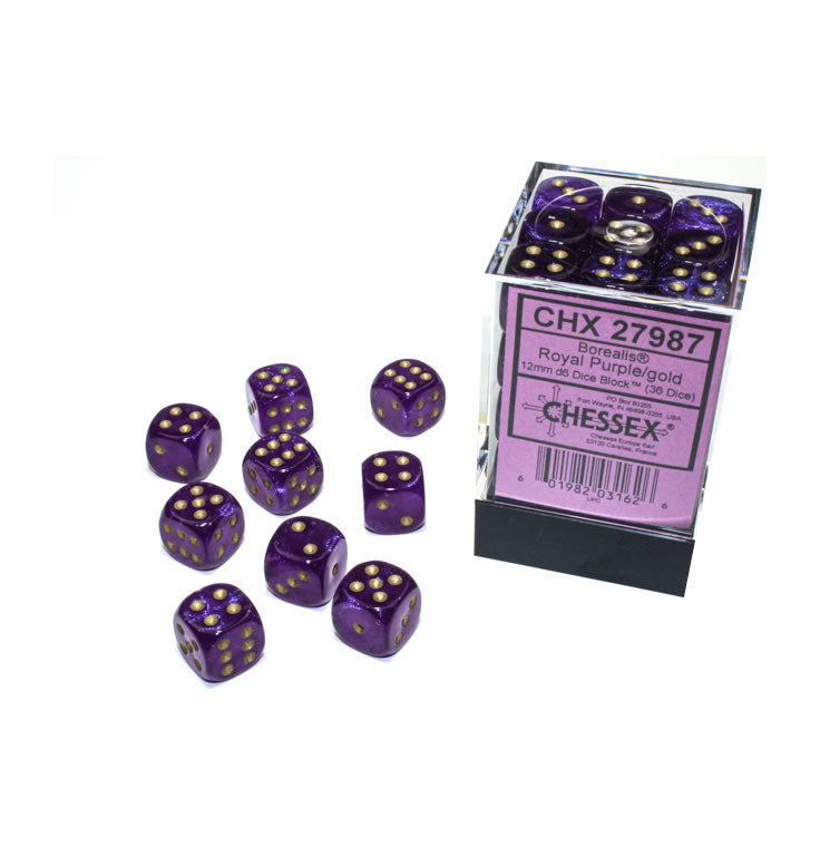 Chessex Borealis Glow in the Royal Purple with Gold 12mm D6 Dice Set | Dragon's Lair Comics and Fantasy Houston TX