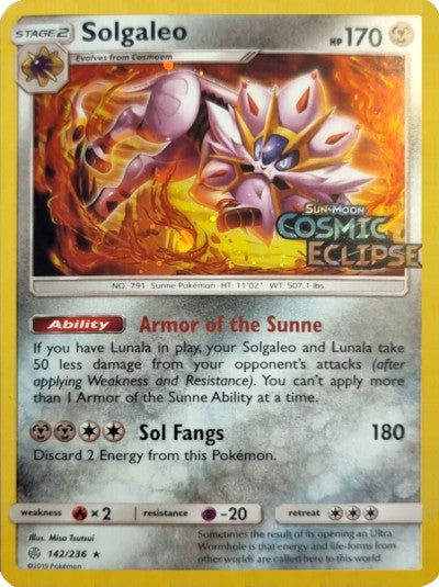 Solgaleo (142/236) (Cosmos Holo) [Sun & Moon: Cosmic Eclipse] | Dragon's Lair Comics and Fantasy Houston TX