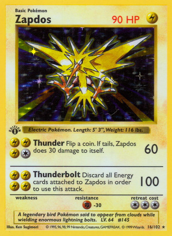 Zapdos (16/102) (Shadowless) [Base Set 1st Edition] | Dragon's Lair Comics and Fantasy Houston TX