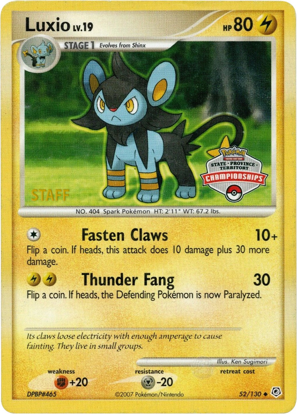 Luxio (52/130) (State Championship Staff Promo) [Diamond & Pearl: Base Set] | Dragon's Lair Comics and Fantasy Houston TX