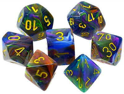 Chessex Dice Menagerie 8 Poly Festive Rio/Yellow Poly 7 Set | Dragon's Lair Comics and Fantasy Houston TX