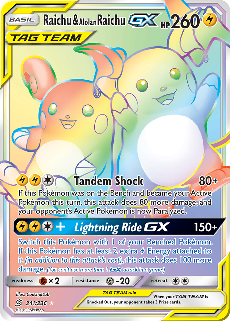 Raichu & Alolan Raichu GX (241/236) [Sun & Moon: Unified Minds] | Dragon's Lair Comics and Fantasy Houston TX