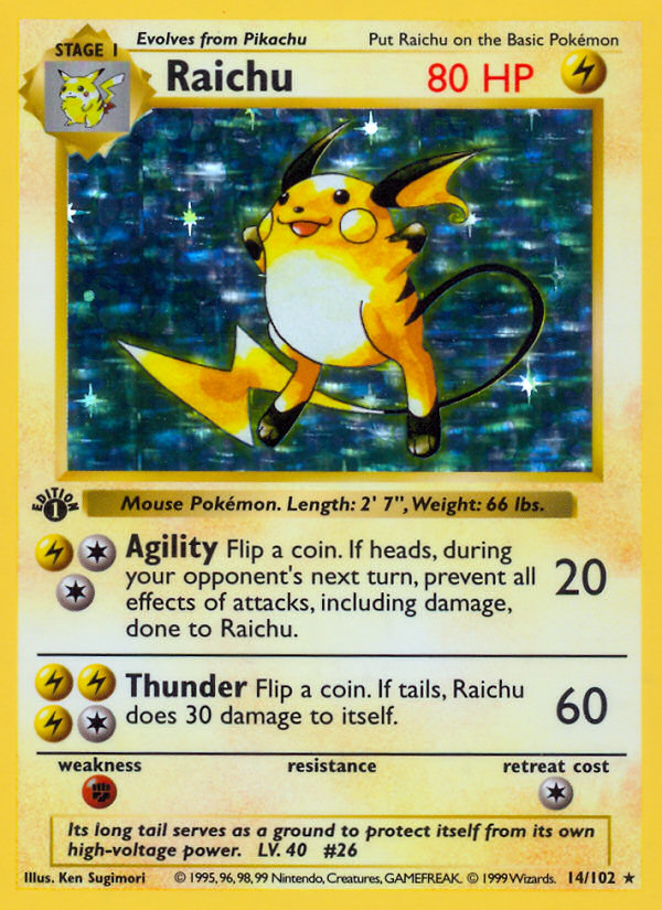 Raichu (14/102) (Shadowless) [Base Set 1st Edition] | Dragon's Lair Comics and Fantasy Houston TX