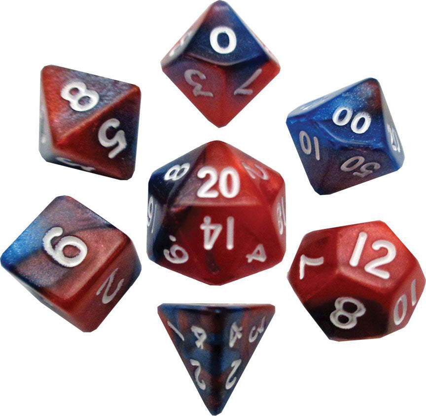 MDG Mini Red and Blue with White Poly 7 Dice Set | Dragon's Lair Comics and Fantasy Houston TX