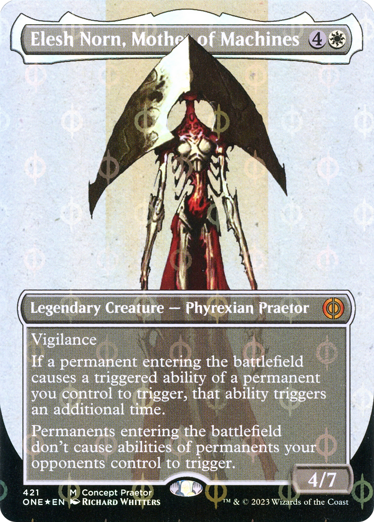 Elesh Norn, Mother of Machines (Borderless Concept Praetors Step-and-Compleat Foil) [Phyrexia: All Will Be One] | Dragon's Lair Comics and Fantasy Houston TX