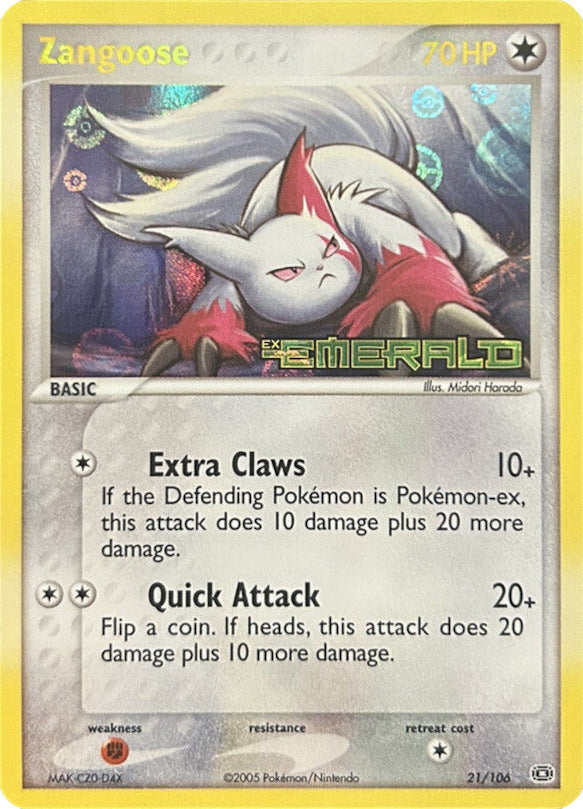 Zangoose (21/106) (Stamped) [EX: Emerald] | Dragon's Lair Comics and Fantasy Houston TX