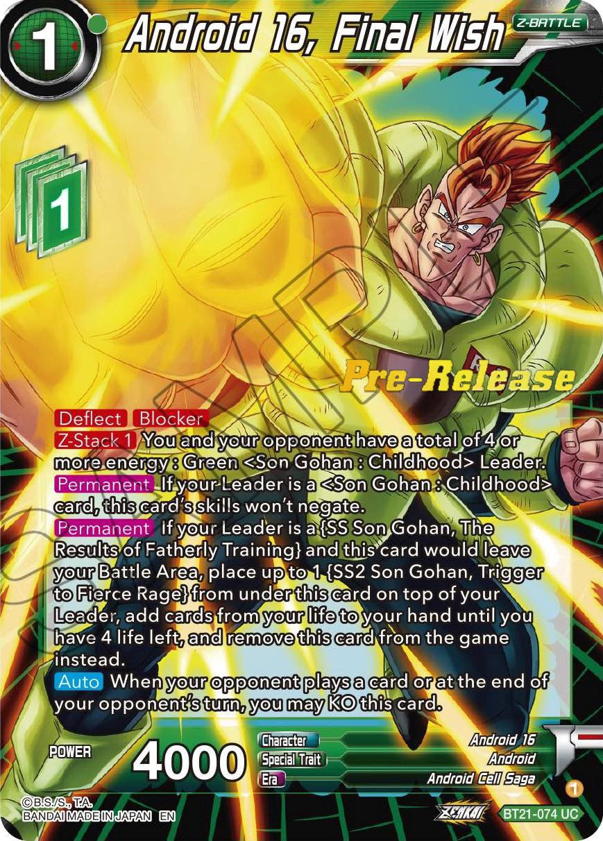 Android 16, Final Wish (BT21-074) [Wild Resurgence Pre-Release Cards] | Dragon's Lair Comics and Fantasy Houston TX