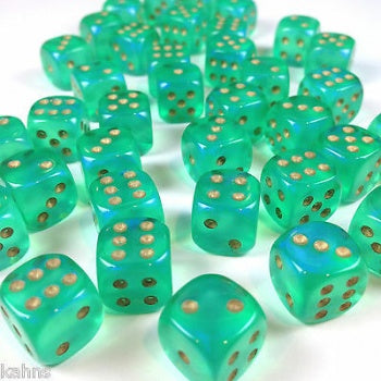 Chessex Borealis Glow in the Dark Light Green with Gold 12mm D6 Dice Set | Dragon's Lair Comics and Fantasy Houston TX