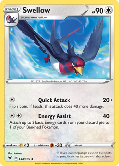 Swellow (134/185) [Sword & Shield: Vivid Voltage] | Dragon's Lair Comics and Fantasy Houston TX