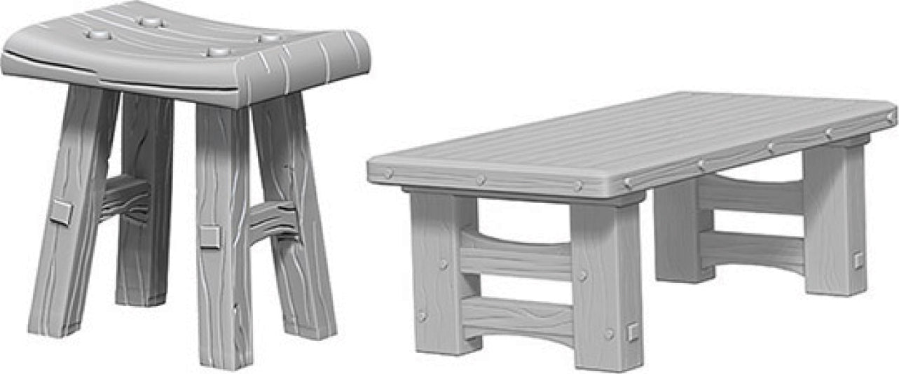 WizKids Deep Cuts Unpainted Miniatures: W4 Wooden Table & Stools | Dragon's Lair Comics and Fantasy Houston TX