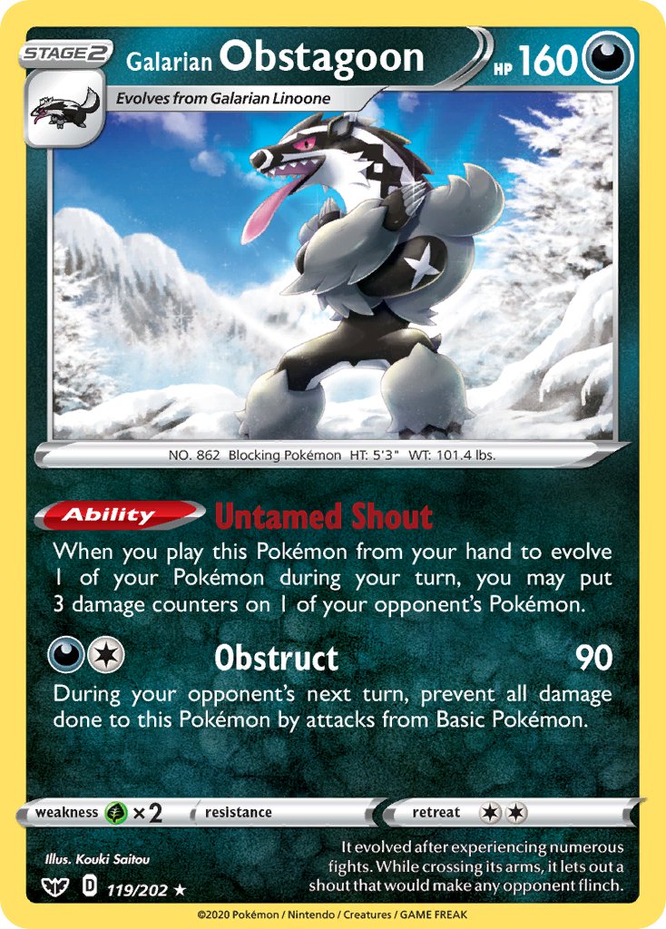 Galarian Obstagoon (119/202) (Theme Deck Exclusive) [Sword & Shield: Base Set] | Dragon's Lair Comics and Fantasy Houston TX