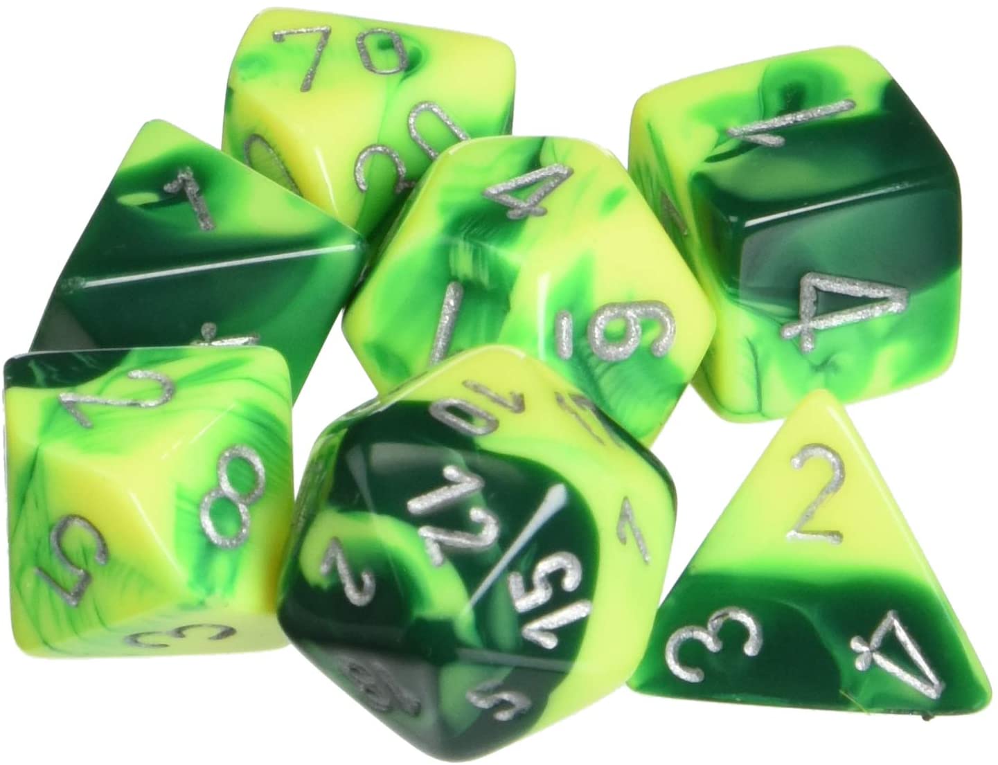 Chessex Gemini Green and Yellow with Silver Poly 7 Set | Dragon's Lair Comics and Fantasy Houston TX