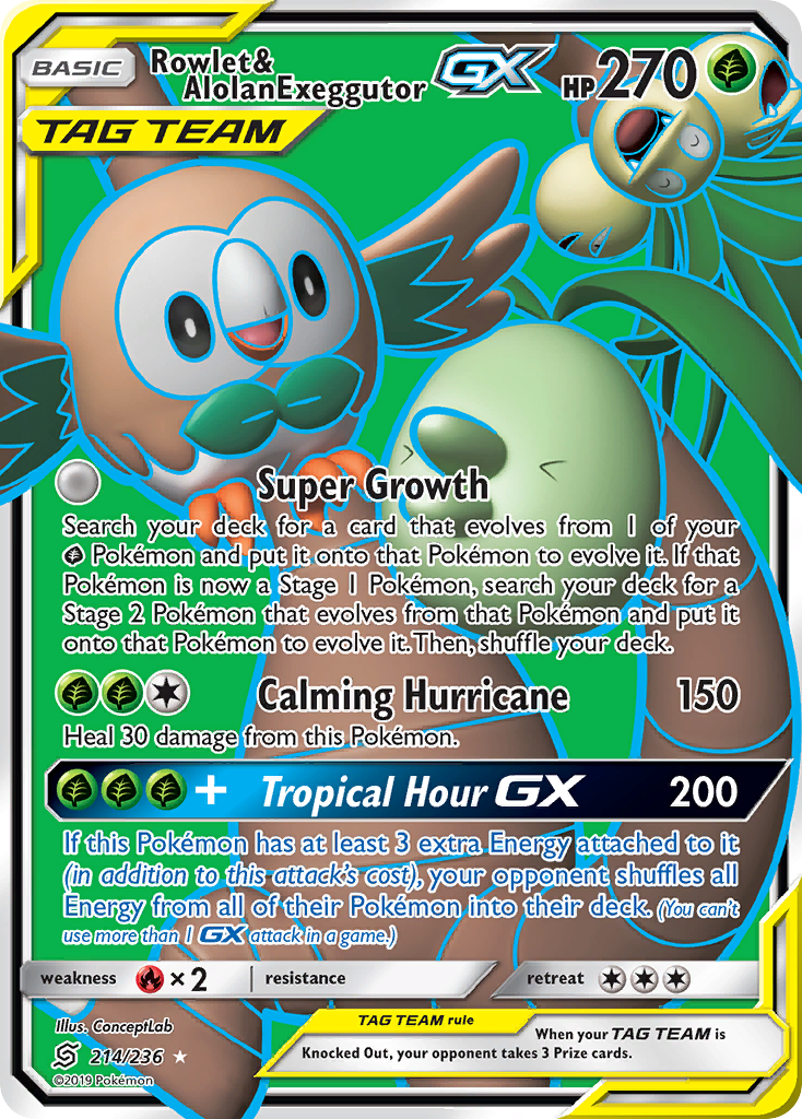 Rowlet & Alolan Exeggutor GX (214/236) [Sun & Moon: Unified Minds] | Dragon's Lair Comics and Fantasy Houston TX