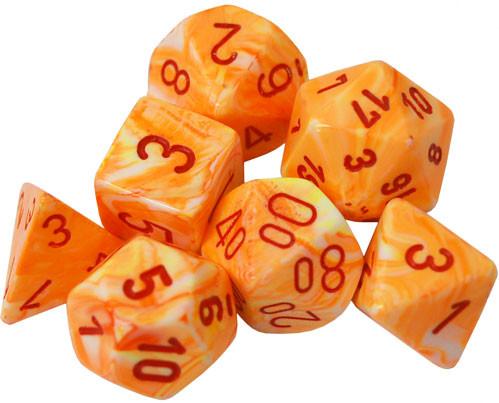 Chessex Dice Menagerie 10 Poly Festive Sunburst/Red Poly 7 Set | Dragon's Lair Comics and Fantasy Houston TX