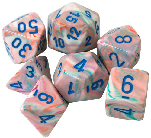 Chessex Dice Menagerie 10 Poly Festive Pop Art/Blue Poly 7 Set | Dragon's Lair Comics and Fantasy Houston TX