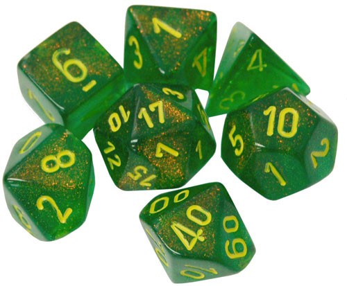 Chessex Dice Menagerie 10 Poly Borealis Maple Green/Yellow Poly 7 Set | Dragon's Lair Comics and Fantasy Houston TX