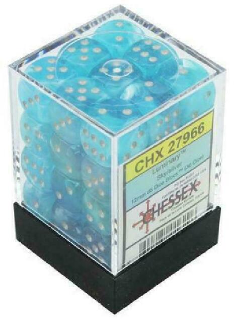 Chessex Dice Menagerie 10 12mm D6 luminary Poly Sky/Silver 36 ct | Dragon's Lair Comics and Fantasy Houston TX