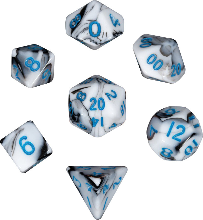 MDG Mini Polyhedral Dice Set: Marble with Blue Numbers | Dragon's Lair Comics and Fantasy Houston TX