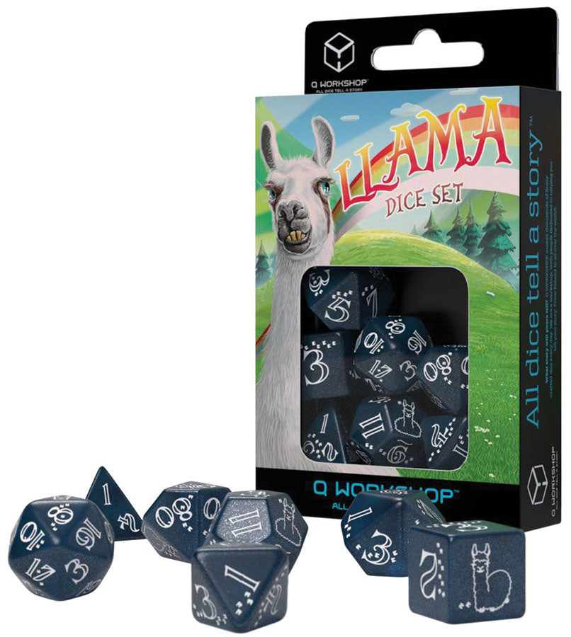 Llama Dice Set: Shimmering - Glittering Dark Blue & White (7) | Dragon's Lair Comics and Fantasy Houston TX