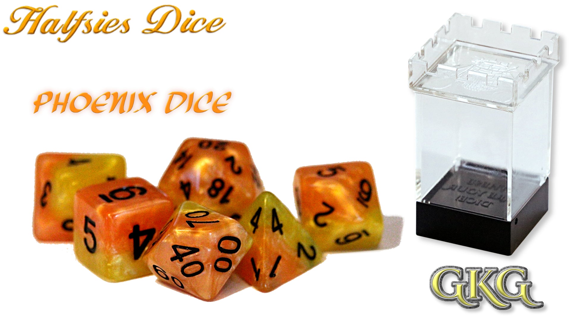 Halfsies Dice: Phoenix - Upgradede Case (7 Polyhedral Dice Set) | Dragon's Lair Comics and Fantasy Houston TX