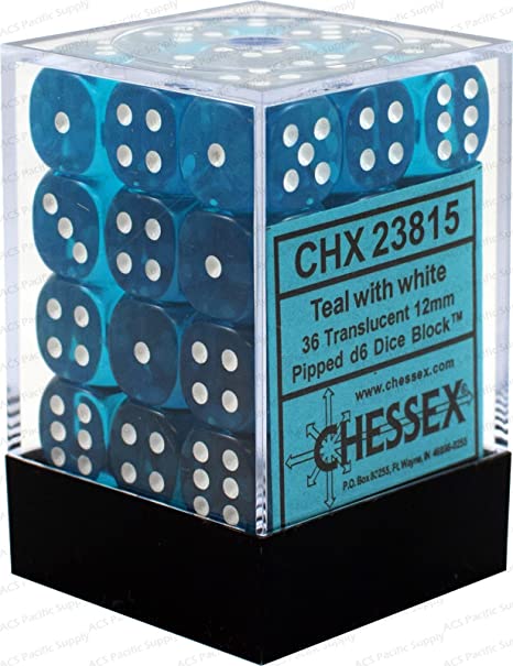 Chessex Translucent 12mm D6 Teal/White 36 ct | Dragon's Lair Comics and Fantasy Houston TX