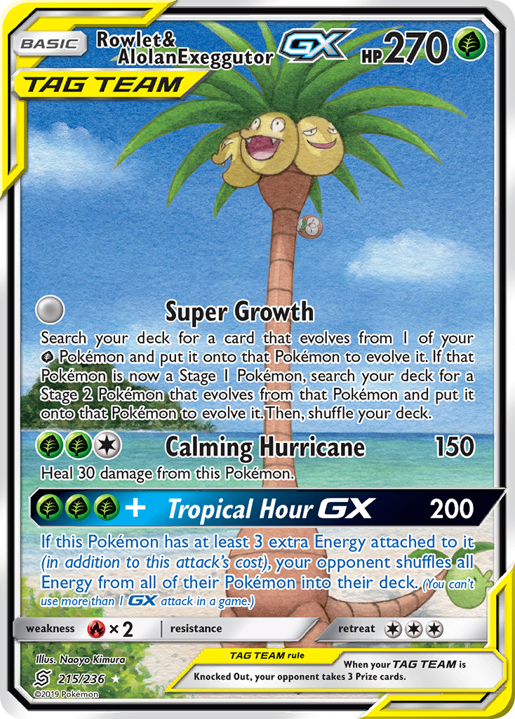 Rowlet & Alolan Exeggutor GX (215/236) [Sun & Moon: Unified Minds] | Dragon's Lair Comics and Fantasy Houston TX