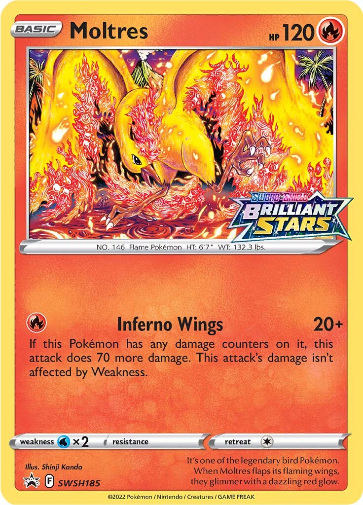 Moltres (SWSH185) (Prerelease Promo) [Sword & Shield: Black Star Promos] | Dragon's Lair Comics and Fantasy Houston TX