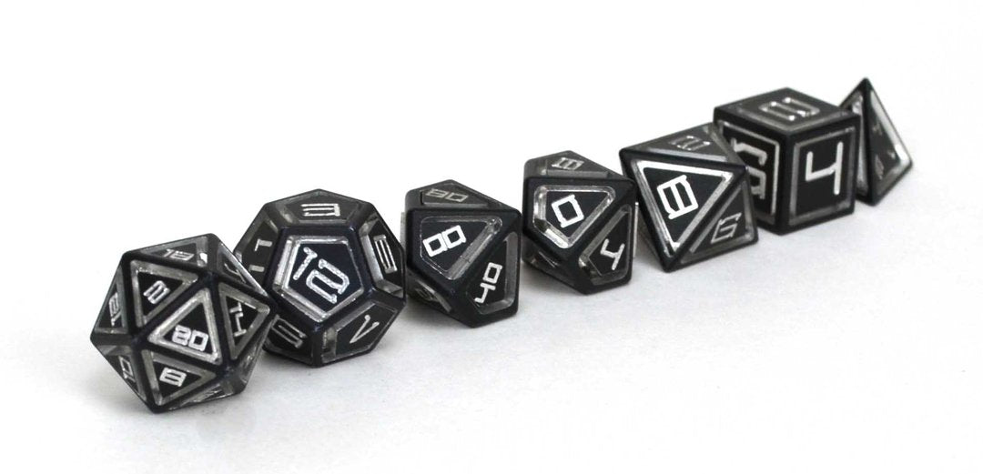 Level Up Dice Black Caged Aluminium Poly 7 Set | Dragon's Lair Comics and Fantasy Houston TX