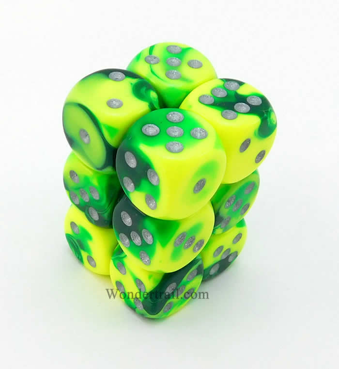 Chessex Gemini Green and Yellow with Silver 16mm d6 Set | Dragon's Lair Comics and Fantasy Houston TX