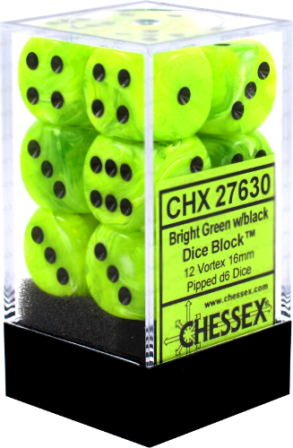 Chessex Vortex Bright Green with Black 16mm D6 Set | Dragon's Lair Comics and Fantasy Houston TX