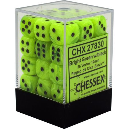 Chessex Vortex Bright Green with Black 12mm D6 Dice Set | Dragon's Lair Comics and Fantasy Houston TX