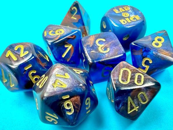 Chessex Lab Dice Lustrous Azurite/Gold Poly 7 Set w Bonus Die | Dragon's Lair Comics and Fantasy Houston TX