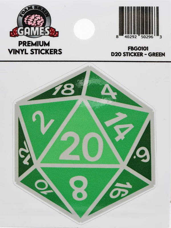 Foam Brain D20 Sticker: Green | Dragon's Lair Comics and Fantasy Houston TX