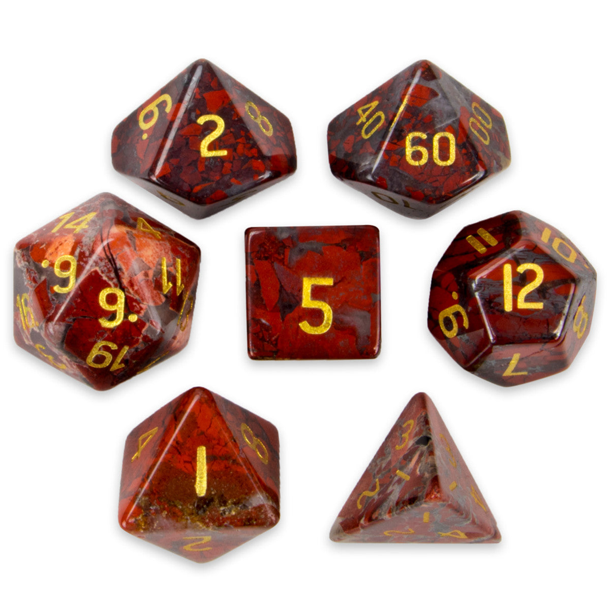 Brybelly Stone Polyhedral Dice, Poppy Jasper Poly 7 Set | Dragon's Lair Comics and Fantasy Houston TX