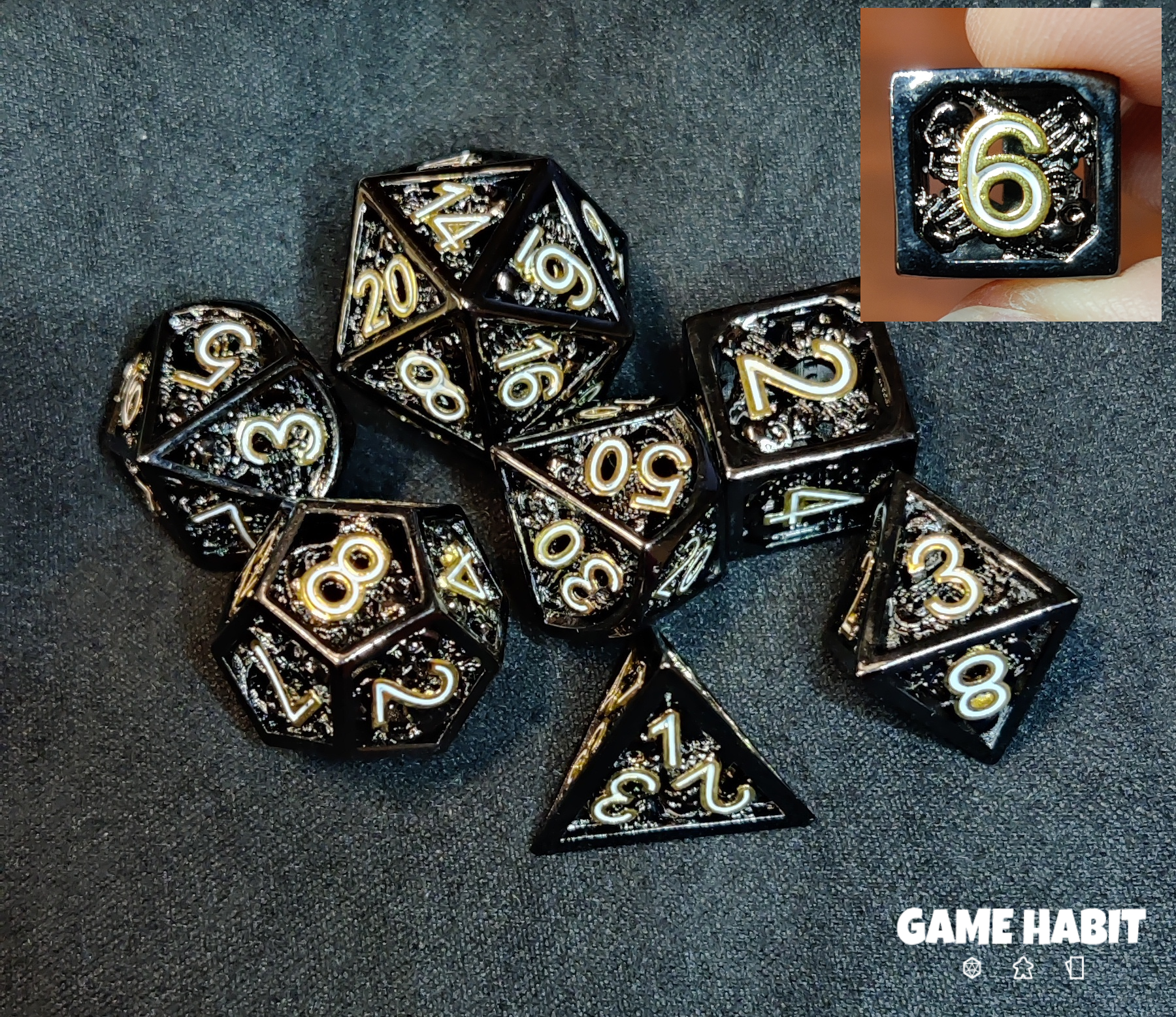 Game Habit Headline News Hollow Skull and Bones Metal Poly 7 Dice Set | Dragon's Lair Comics and Fantasy Houston TX