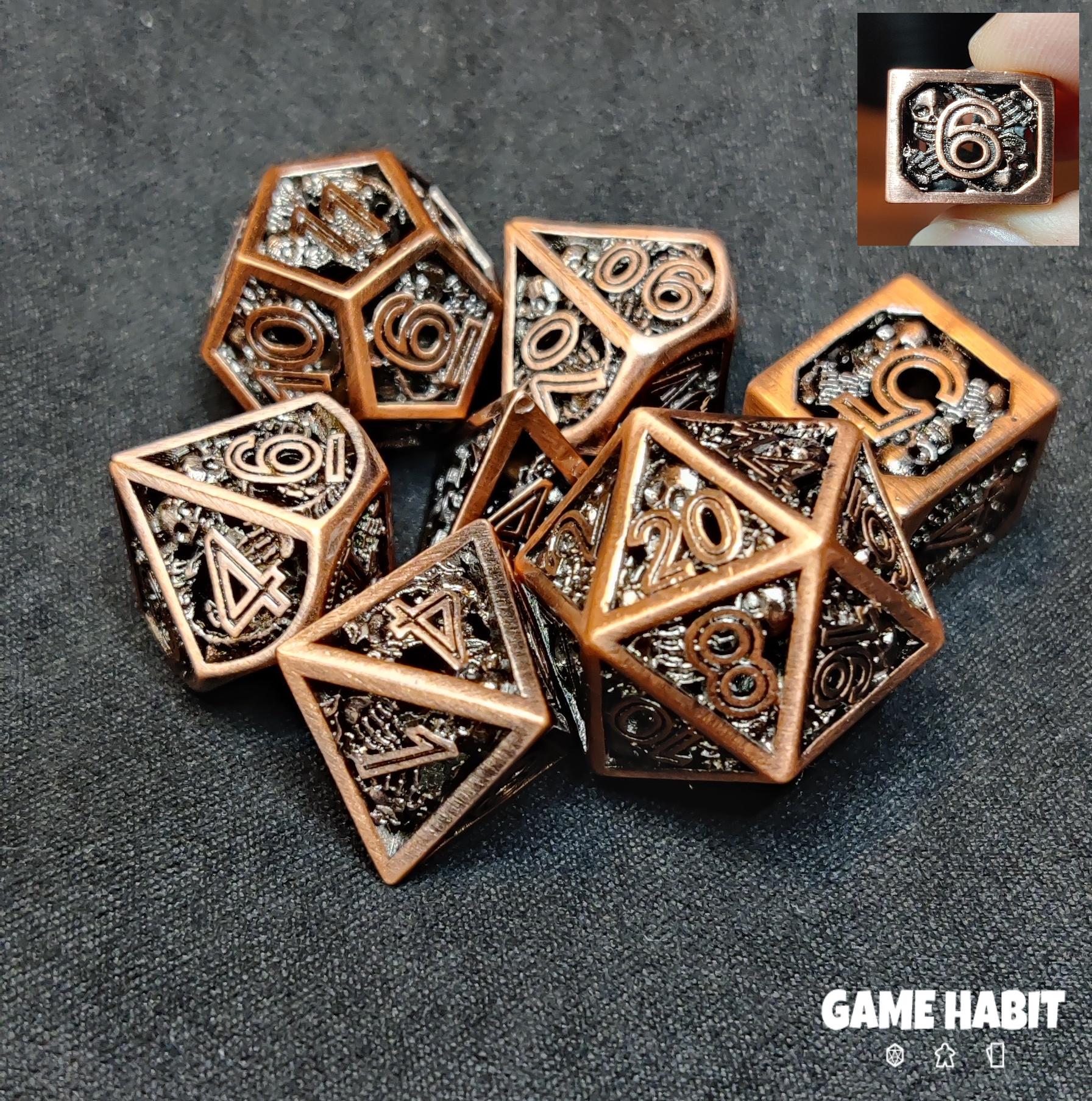 Game Habit Depp's Contract Hollow Skull and Bones Metal Poly 7 Dice Set | Dragon's Lair Comics and Fantasy Houston TX