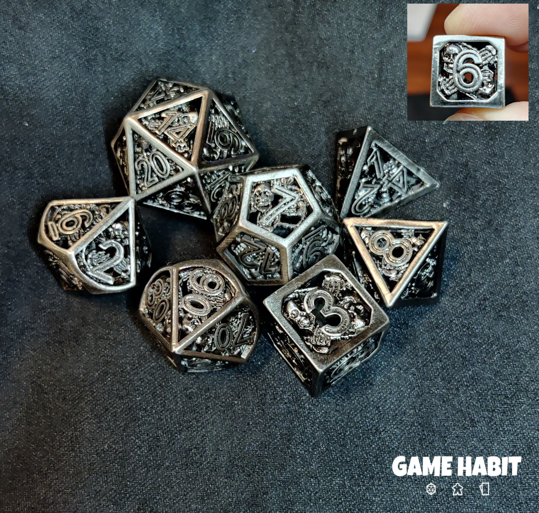 Game Habit Be Steel My Heart Hollow Skull and Bones Metal Poly 7 Dice Set | Dragon's Lair Comics and Fantasy Houston TX