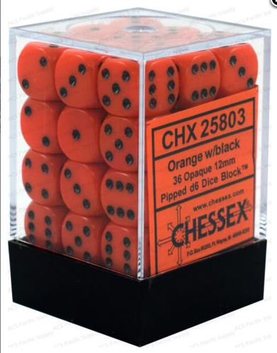 Chessex Opaque: 12mm D6 Orange/Black (36) | Dragon's Lair Comics and Fantasy Houston TX