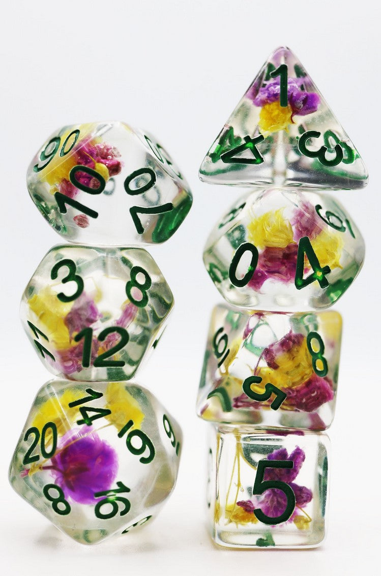 Foam Brain Purple and Yellow Flowers RPG Dice Set | Dragon's Lair Comics and Fantasy Houston TX