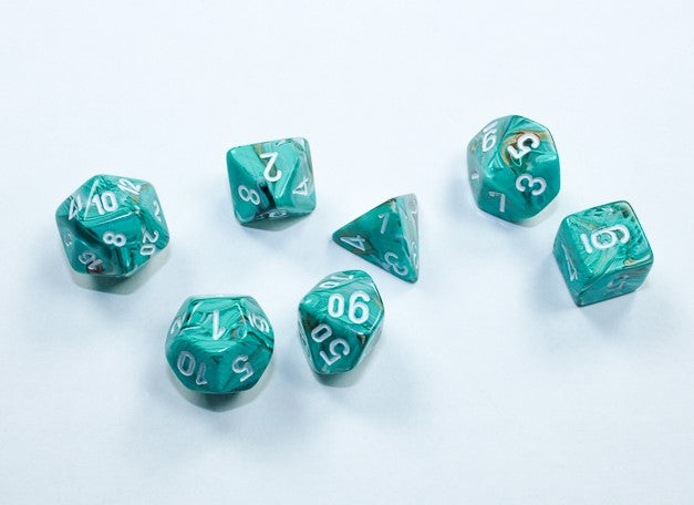 Chessex Mini Poly 7 Dice Set: Oxi-Copper with White | Dragon's Lair Comics and Fantasy Houston TX