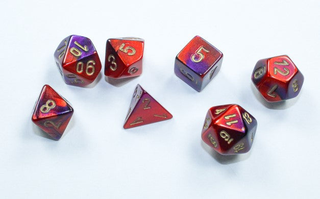 Chessex Mini Poly 7 Dice Set: Purple with Red and Gold | Dragon's Lair Comics and Fantasy Houston TX