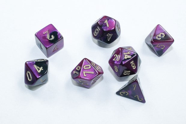 Chessex Mini Poly 7 Dice Set: Black with Purple and Gold | Dragon's Lair Comics and Fantasy Houston TX