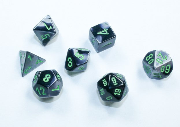 Chessex Mini Poly 7 Dice Set: Black with Grey and Green | Dragon's Lair Comics and Fantasy Houston TX