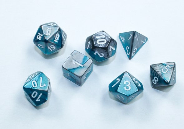 Chessex Mini Poly 7 Dice Set: Steel with Teal and White | Dragon's Lair Comics and Fantasy Houston TX